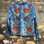 Womens Light Sky Blue Velvet Embroidered Jacket with Floral Design